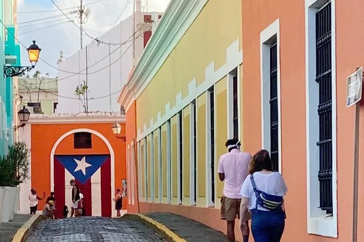 Colorful colonial buildings on a cobblestone street in Old San Juan